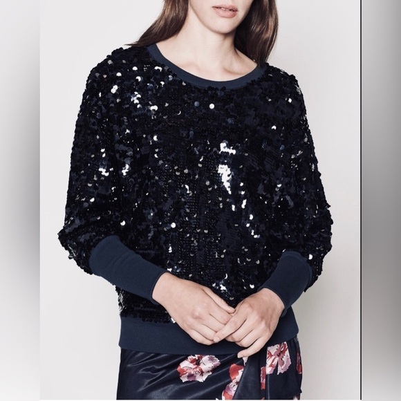 Joie Aldwyn NEW Sequin Top L Midnight Navy Holiday Disco Glam Dolman Sleeve - Picture 1 of 16